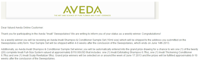 Aveda Invati Sample Pack Sweepstakes - Daily - ends 6/14 Aveda10