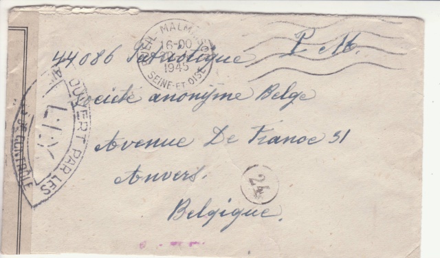 Lettre oblitérée Rueil-Malmaison - expéditeur du B.P.M. 501 - pour Anvers en 1945. _7_00010