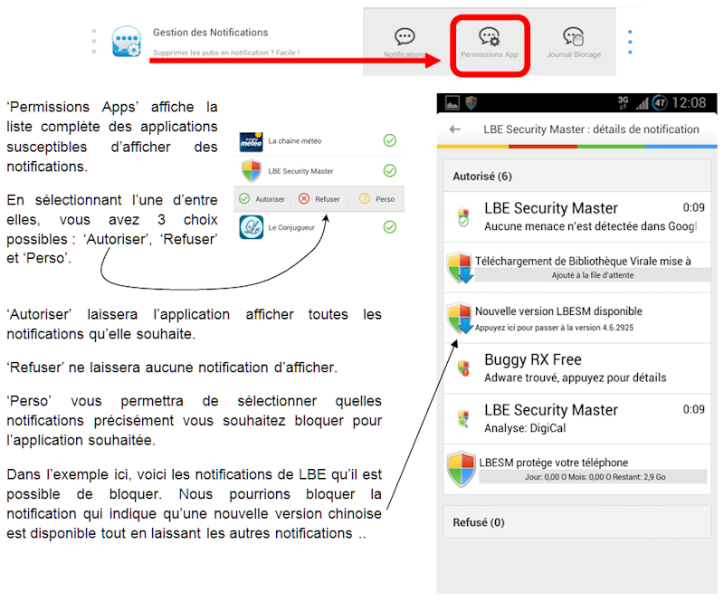 [APPLICATION ANDROID - LBE SECURITY MASTER FR] Gérer les permissions, les applications, la batterie, les pubs, les malwares, les notifications [Gratuit] Topic1 - Page 11 Notifi12