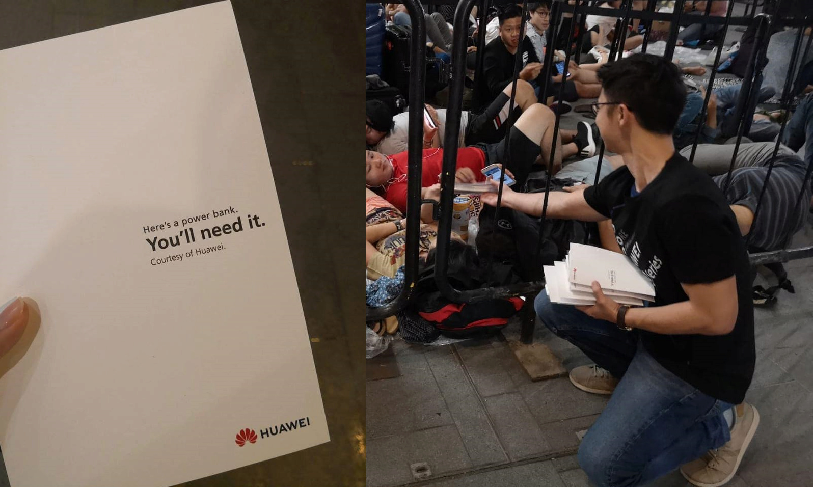 華為向蘋果商店前排隊的人群送出自家的行動電源，還在包裝上寫“你會需要它的” 42197911