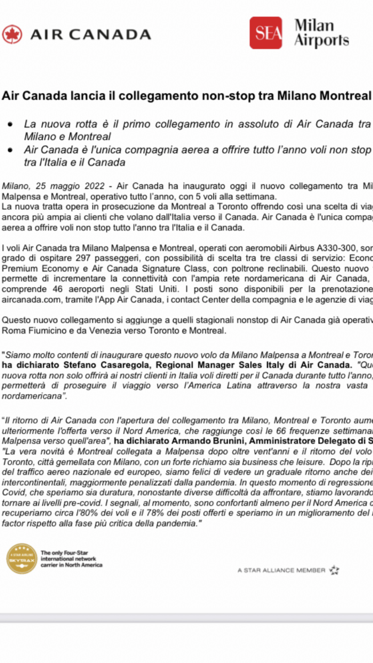 Air Canada: volo annuale per Malpensa da maggio 2022 F4b1d810