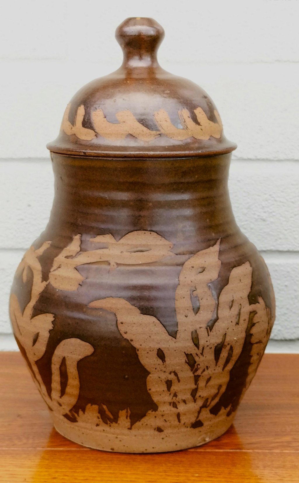 Large Stoneware Lidded Pot, Wax Resist, Sideways S Mark? Img20286