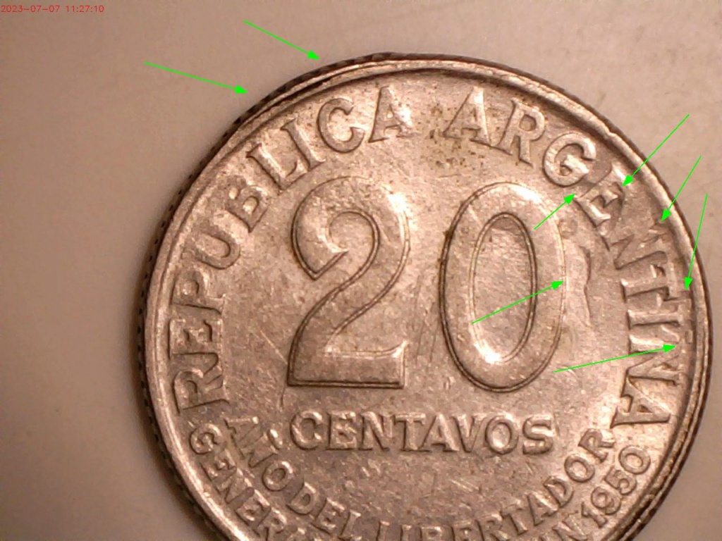 error de acunamiento en una moneda de Argentina de 1950 de 20 centavos  B-314