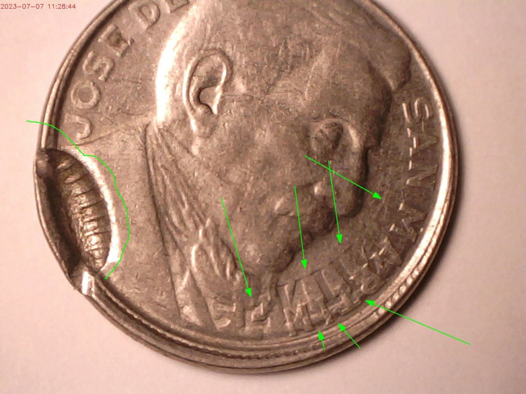 error de acunamiento en una moneda de Argentina de 1950 de 20 centavos  B-414