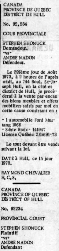 Les avis publique dans les journaux concernant des Mustang 1973ao10