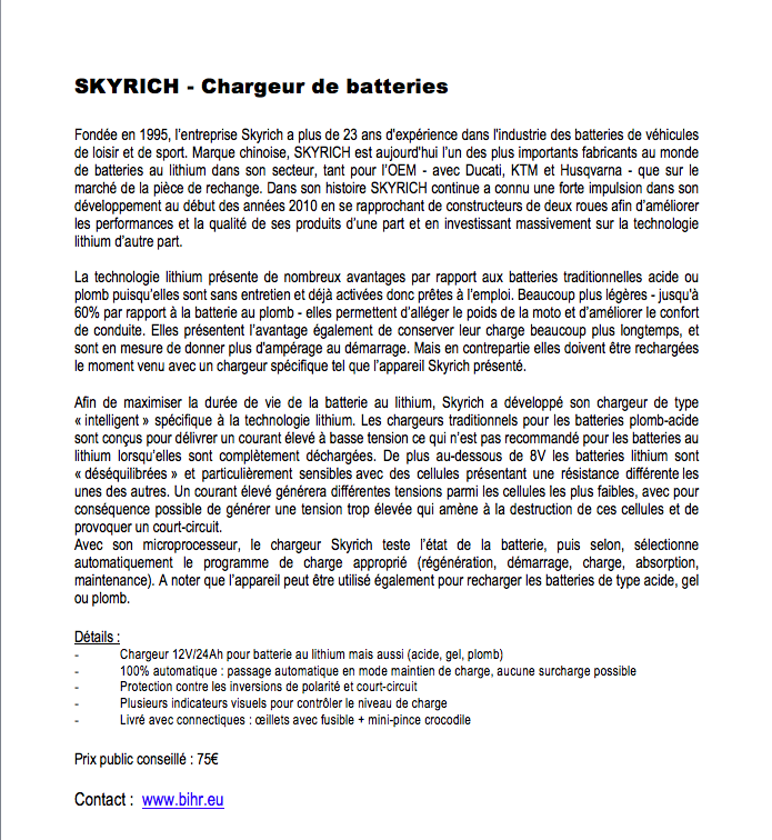 Chargeur spécifique Skyrich pour batteries lithium Captu399