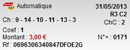 31/05/13 --- PARIS-VINCENNES --- R3C2 --- Mise 3 € => Gains 1.95 €   Screen31
