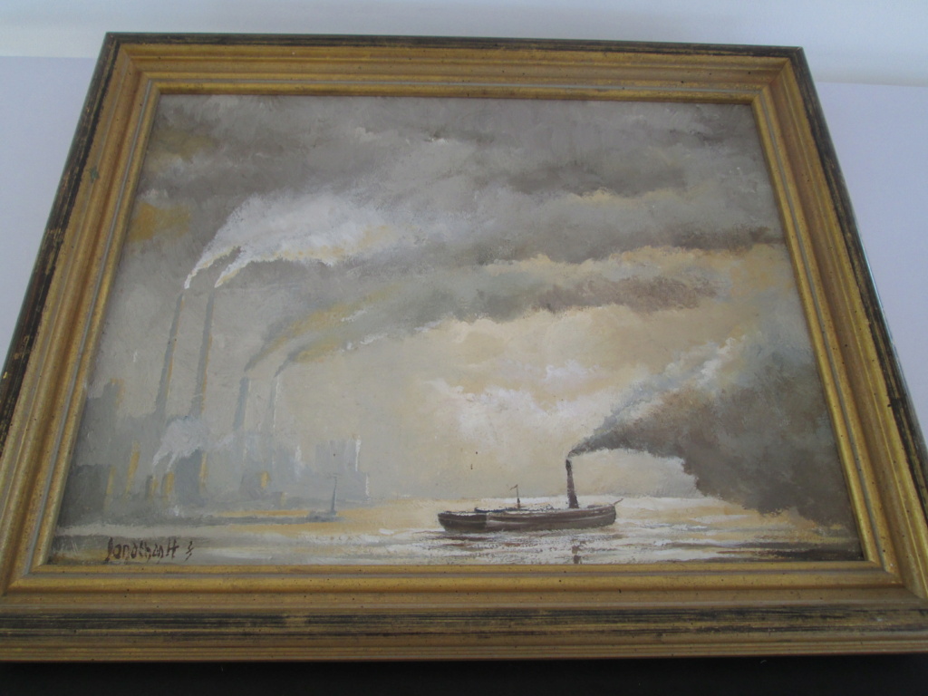 INDUSTRIAL CHIMNEYS SEASCAPE OIL PAINTING SIGNED JONATHAN H and a Symbol Img_1119
