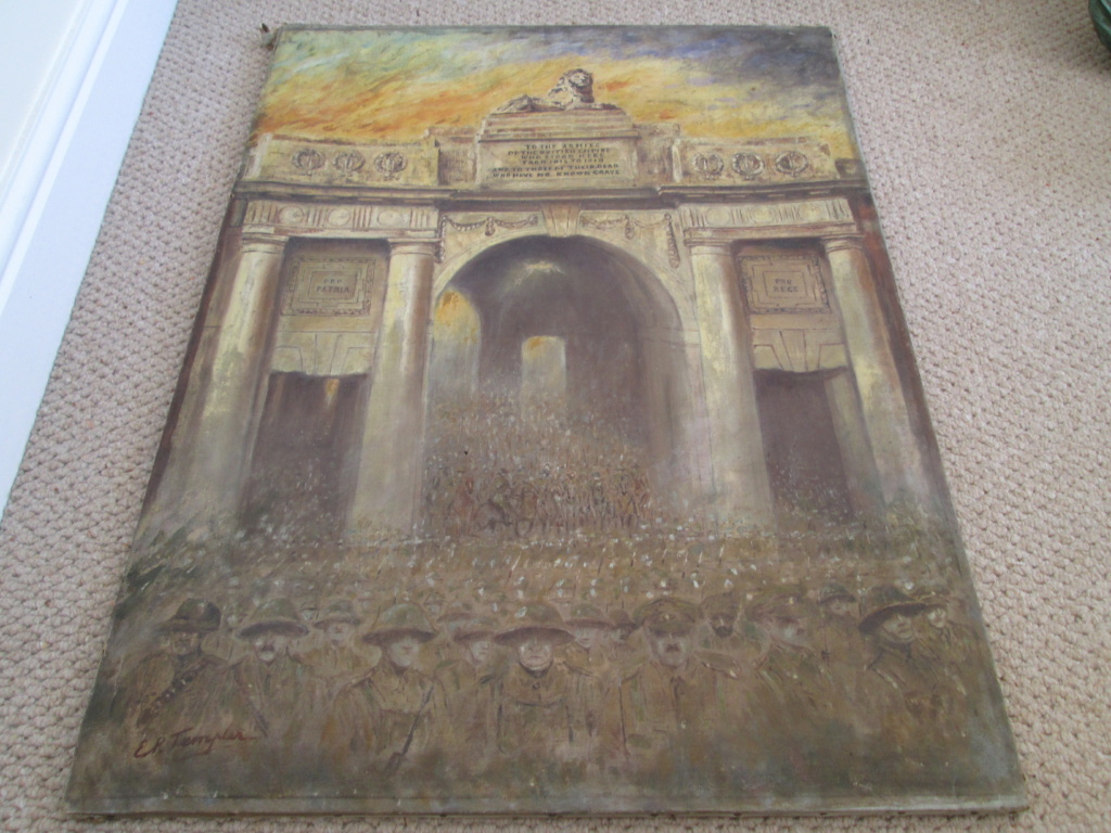VINTAGE OIL ON CANVAS MILITARY PAINTING MENIN GATE SIGNED E R TEMPLER?  Img_1821