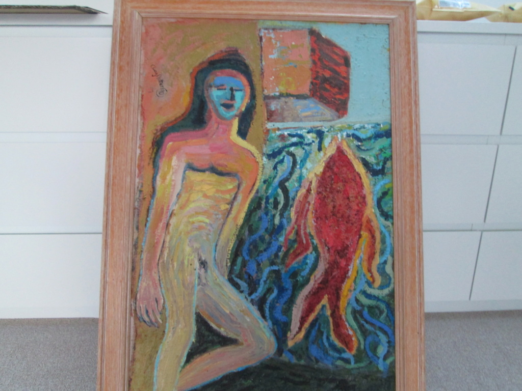 ABSTRACT OIL ON BOARD PAINTING WOMAN AND FISH SIGNED CLUNY POTTER OR DOTTER Img_6512