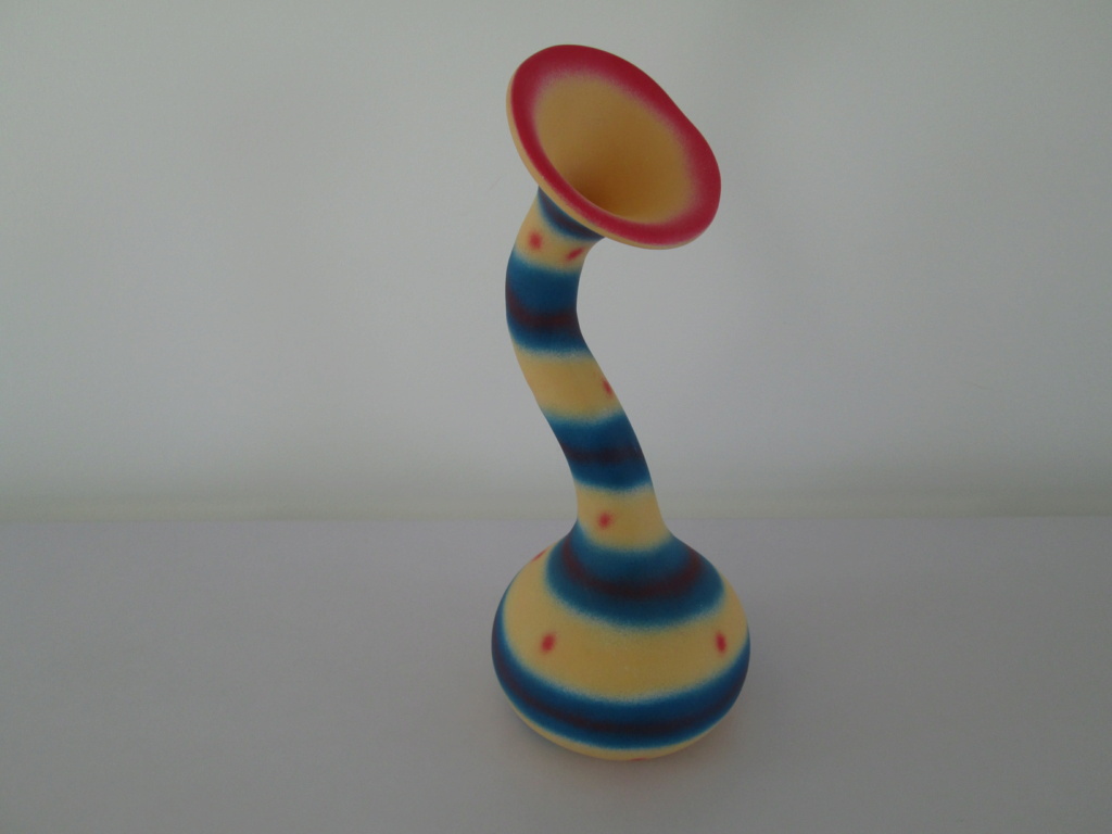 Unusual curved ear trumpet striped curved ceramic pottery vase RW monogram Img_8611