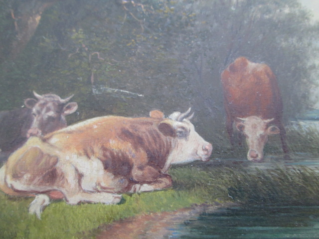 ANTIQUE OIL ON BOARD CATTLE PAINTING SIGNED K OR G LASNE OR IASNE Img_9514