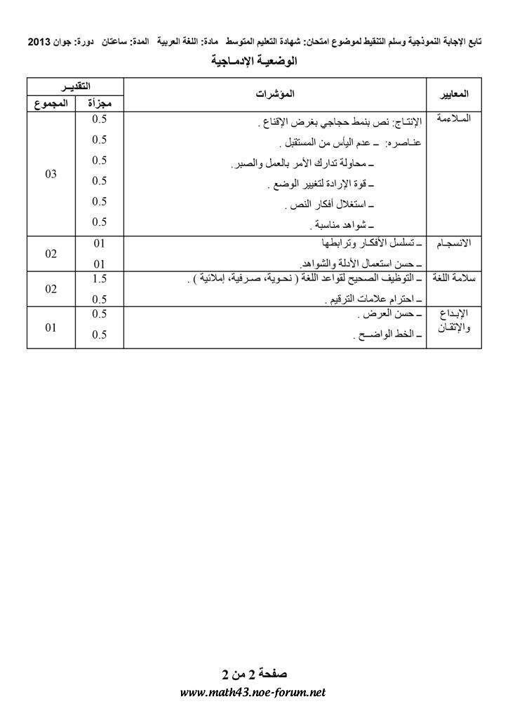 الموضوع و الإجابة النموذجية لاختبار اللغة العربية (BEM 2013) Acorri11