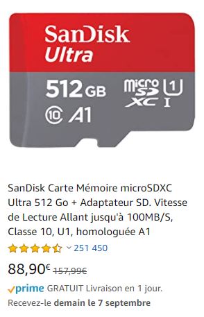 SanDisk Carte Memoire microSDXC Ultra 512 Go + Adaptateur SD. Vitesse de  Lecture Allant jusqu'à