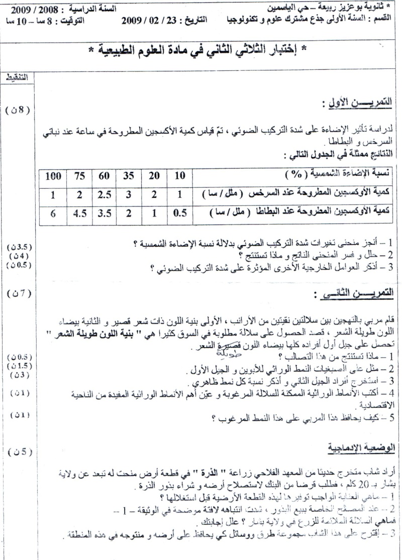 Sciences naturelles العلوم الطبيعيّة   Compositions Bouaziz Rabiaa 2008-2009 مواضيع الإختبارات Ct2_sc10