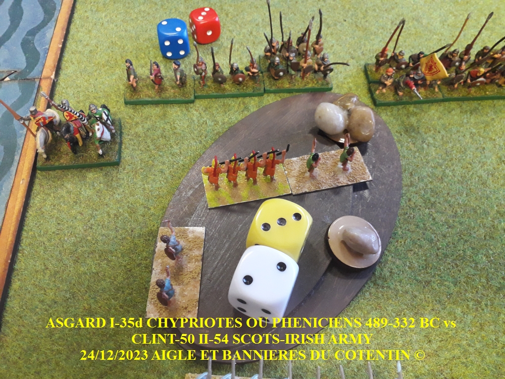 GALERIE DBA 2ème partie ASGARD I-35d CHYPRIOTES OU PHENICIENS 489-332 BC vs  CLINT-50 IV-16 SCOTS COMMUN ARMY 1124AD - 1512AD 23/12/2023 AIGLE ET BANNIERES DU COTENTIN © 18-abc14