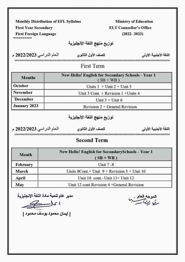 توزيع منهج اللغة الإنجليزية للصف الأول الثانوي للعام الدراسي 2022 - 2023 1260