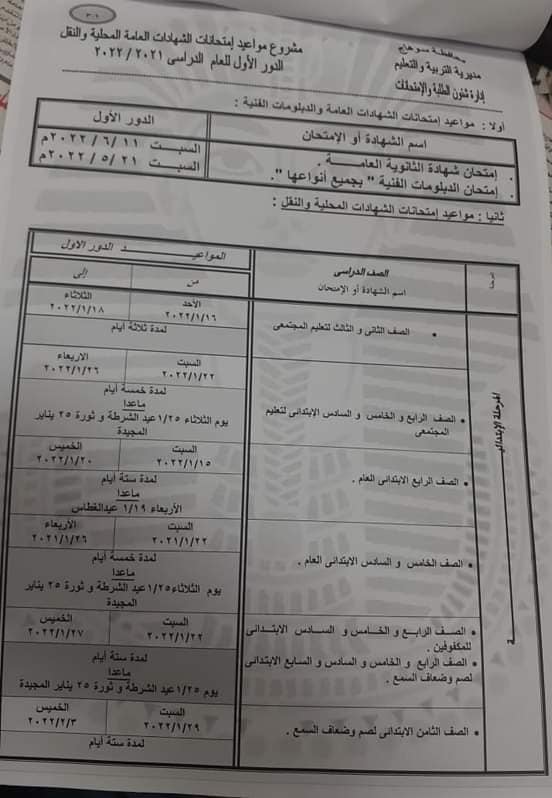 جدول امتحانات الترم الأول 2022 ابتدائي - اعدادي - ثانوي محافظة محافظة سوهاج 165