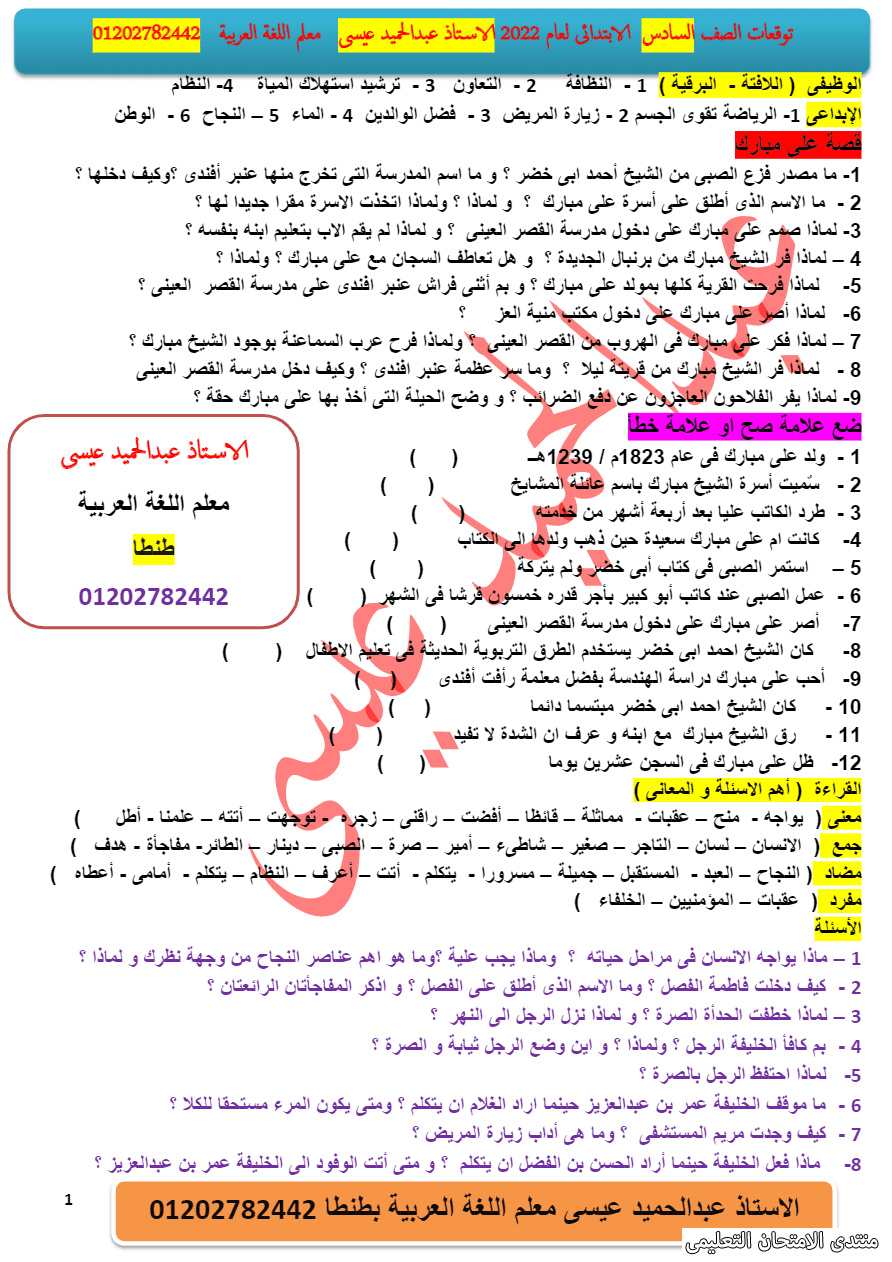 مراجعة المتوقع في اللغة العربية لـ 6 ابتدائي ترم أول 2022 1_exam13