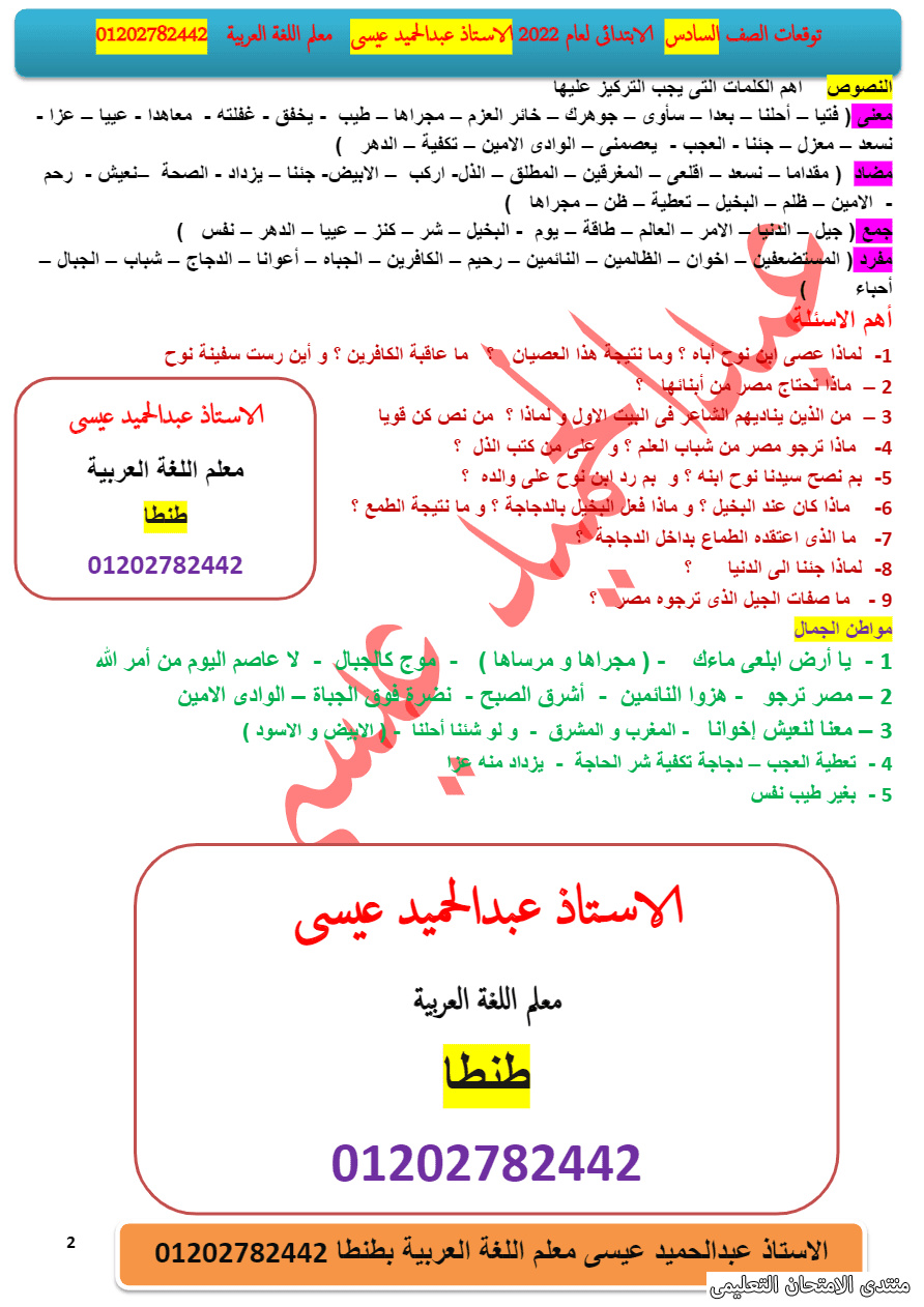 مراجعة المتوقع في اللغة العربية لـ 6 ابتدائي ترم أول 2022 2_exam13