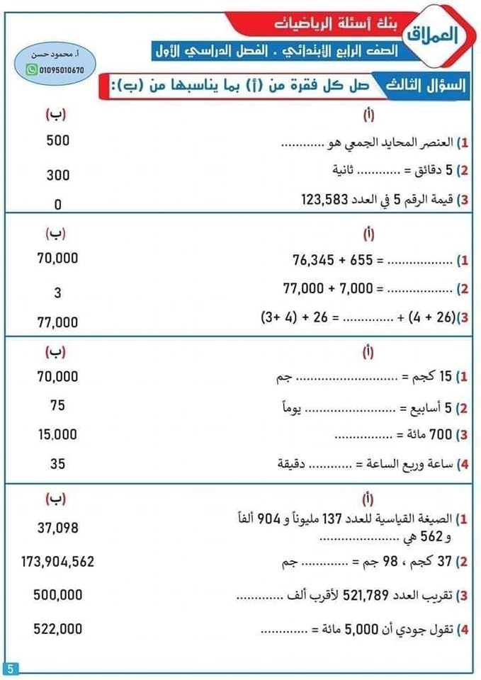 بنك اسئلة العملاق في الرياضيات للصف الرابع الابتدائي 2023 مستر/ محمود حسن 5123