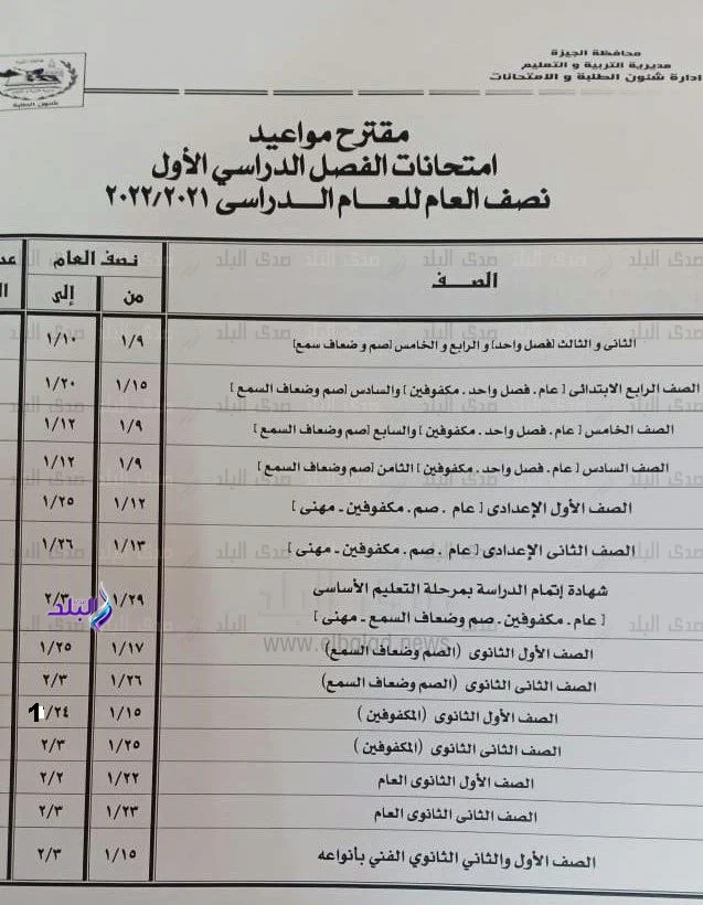 جدول مواعيد امتحانات الترم الأول 2021 - 2022 محافظة الجيزة 55555210