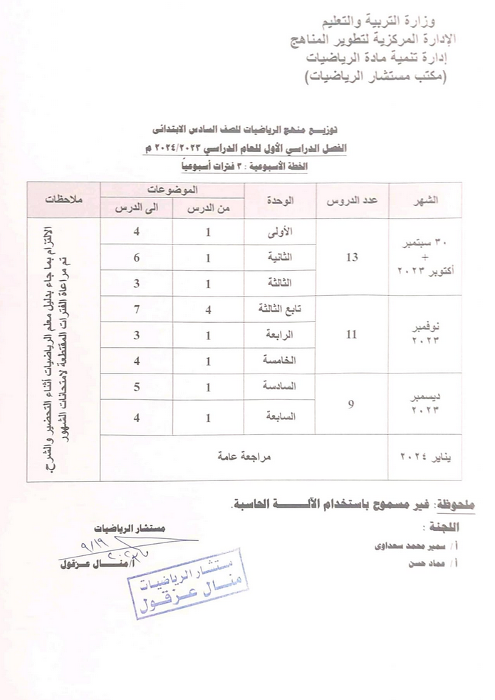 الرياضيات - توزيع منهج الرياضيات الجديد للصف السادس ترم اول 2023 Scree213