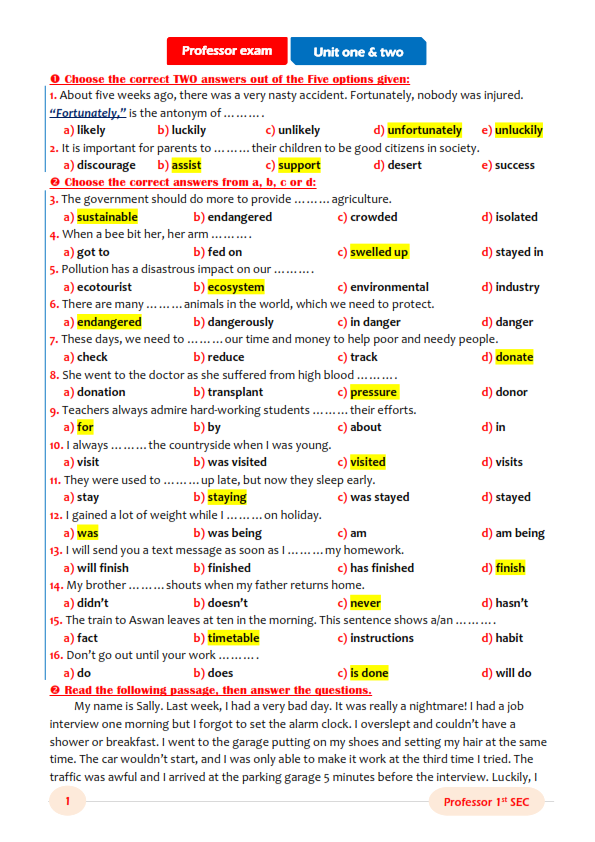 مراجعة الوحدة الأولى والثانية انجليزي اولى ثانوى 2024 Unit_o10