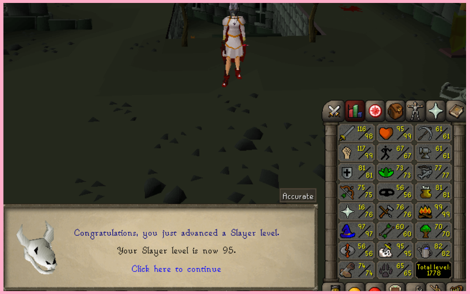 Sanellyyy. Maxed Melee. 99 Slayer.  Iron. I'm Back. 9510