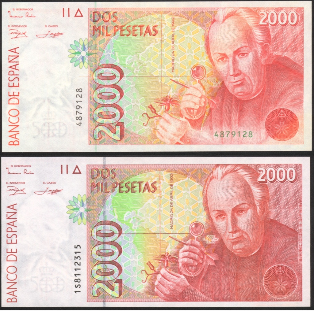 Los dos modelos del billete de 2.000 pesetas de 1.992. R15-2011