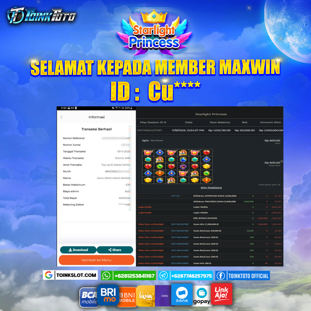 TOINKTOTO — JACKPOT SLOT STARLIGHT PRINCESS : KAMIS 09 NOV 2023 316