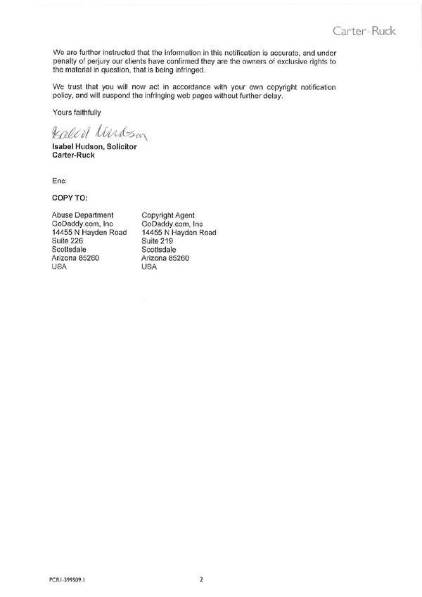 Carter Ruck letter to Bob Parsons CEO GoDaddy.com Mccann11