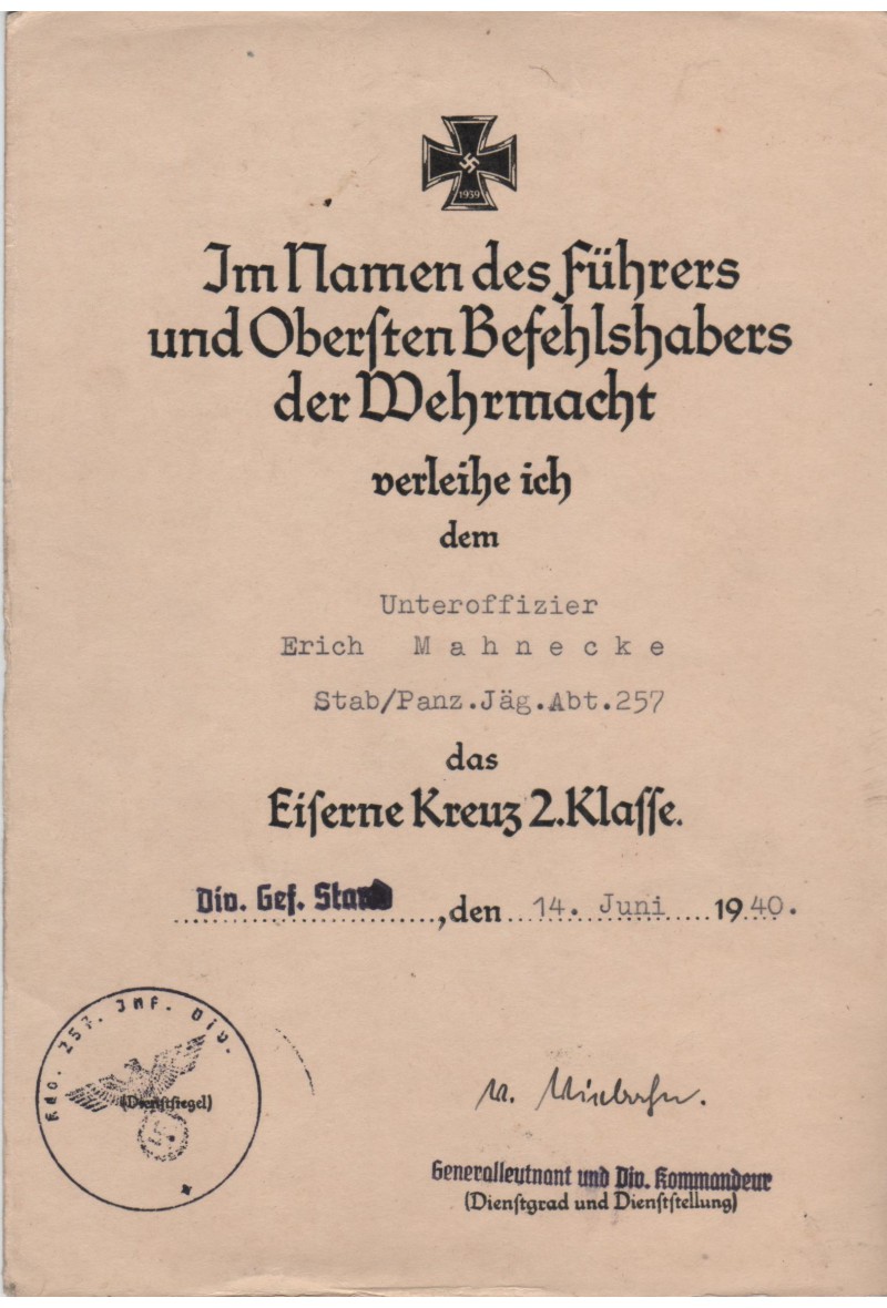 document d'attribution médailles Allemand Citati12