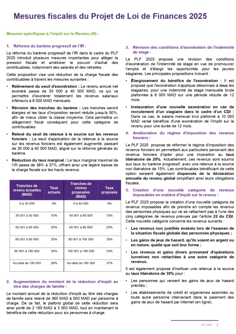Note sur les principales mesures proposées du Projet de la Loi de