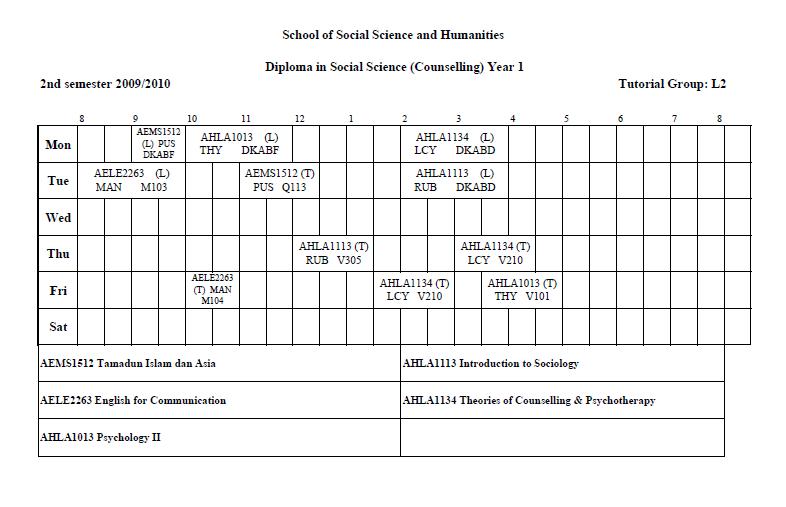 L2 2nd Semster Timetable L210