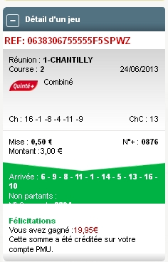 24/06/13 --- CHANTILLY --- R1C2 --- Mise 12 € => Gains 19,95 € Scree237