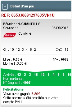 07/05/13 --- CHANTILLY --- R1C1 --- Mise 3 € => Gains 6,8 € Screen68