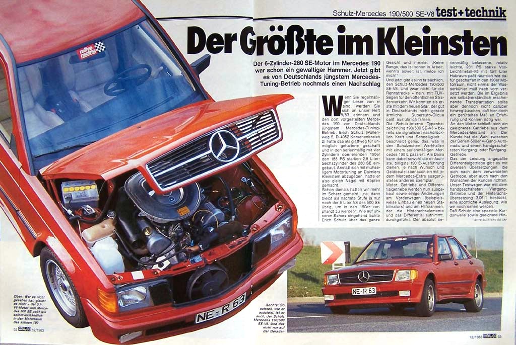 (W201): Avaliação Schulz® 190/500 SE V8 1983 - Test + Technik® - alemão  50572310
