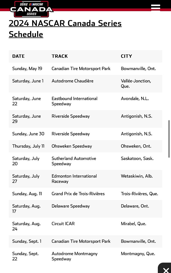 Calendrier NASCAR Canada 2024 2024_n11