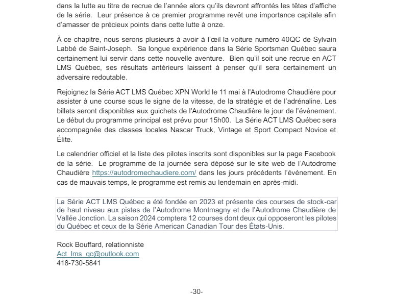 Communiqué de Presse : Lancement de la saison de la Série ACT LMS Québec XPN World 2024 Capt1039