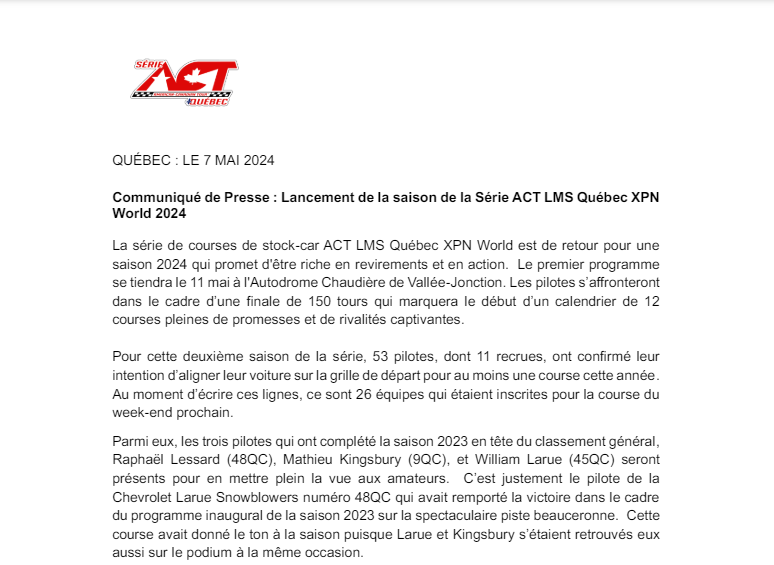 Communiqué de Presse : Lancement de la saison de la Série ACT LMS Québec XPN World 2024 Capt1040
