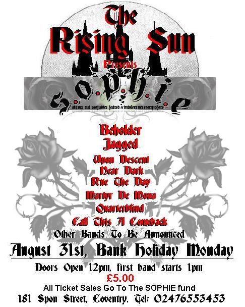 S.O.P.H.I.E. Fundraising All-Dayer @ The Rising Sun. Mon Aug 31st Sophie10