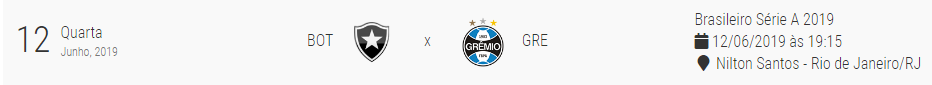 (Vitória)Botafogo x Grêmio Brasileiro Série A 2019  12/06/2019 às 19:15  9° Rodada Botaxg10