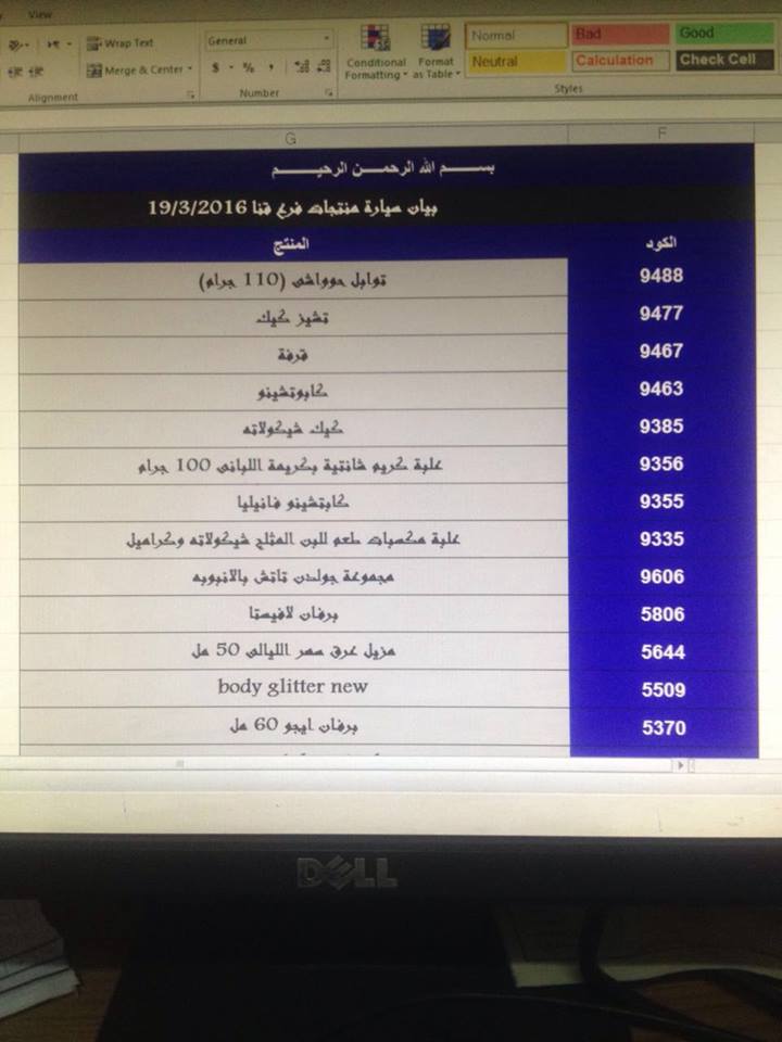 منتجات توفرت اليوم السبت 19 - 3 - 2016  بفرع قنا 70117