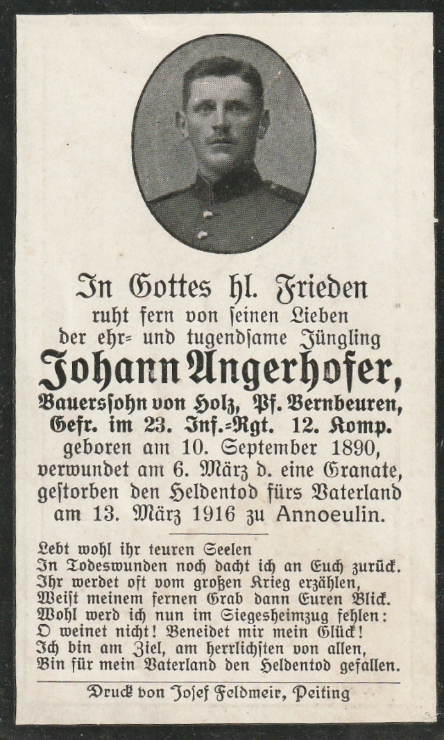 sterbebild - Annœullin Mars 1916 Johann11
