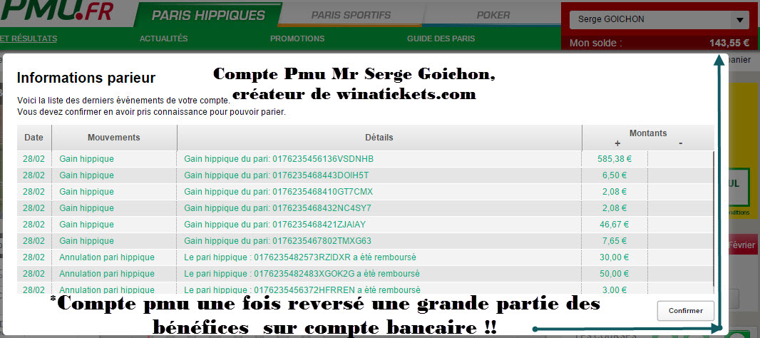 Echantillons Gains ( Compte Pmu De Mr Serge Goichon ) : 750€- 28/02/2016 29-02-24