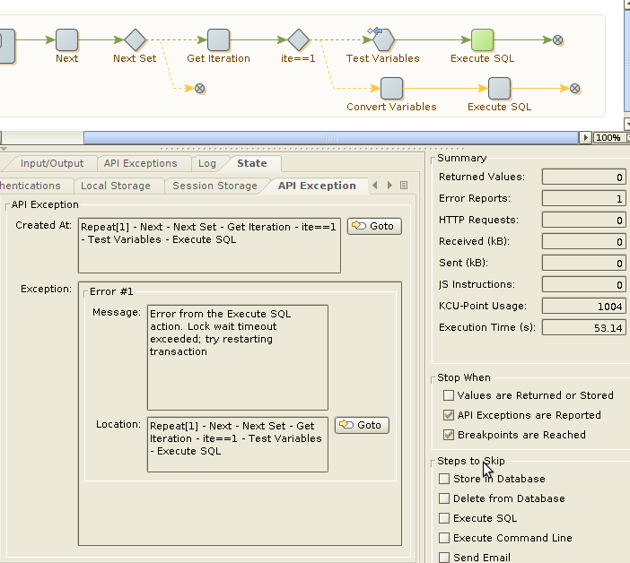 Lock wait timeout exceeded in Execute SQL action Step Screen11