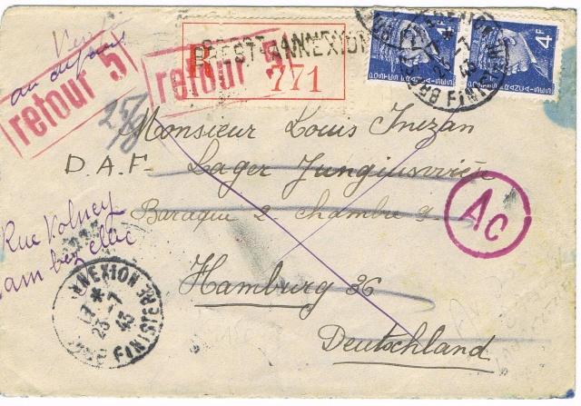 Cachet encadré « RETOUR 5 » frappé à l’encre rouge Ccf03011