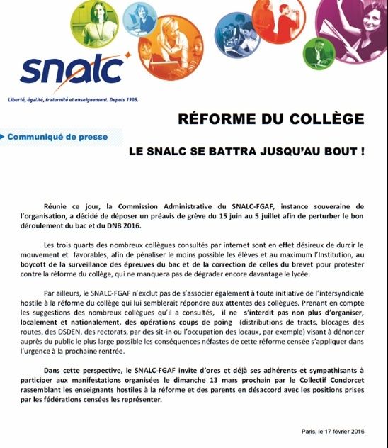 Collectif Condorcet - Mobilisons-nous partout en FRANCE, pour dire NON aux trois réformes : rythmes scolaires, collège et lycée Chatel. - Page 2 Snalc10