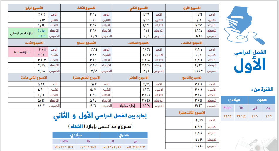 التقويم الدراسي الثلاثة فصول 1444 والاجازات الرسمية فى المملكة Aoaioa13